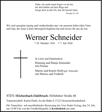 Traueranzeige von Werner Schneider von Siegener Zeitung