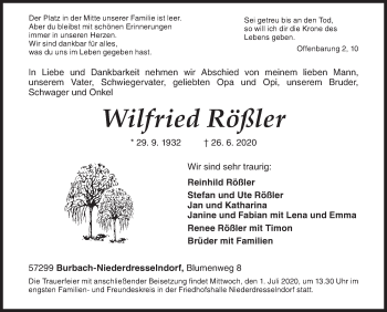 Traueranzeige von Wilfried Rößler von Siegener Zeitung