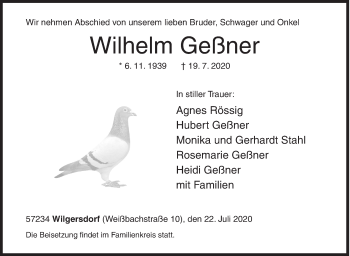 Traueranzeige von Wilhelm Geßner von Siegener Zeitung