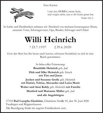 Traueranzeige von Willi Heinrich von Siegener Zeitung