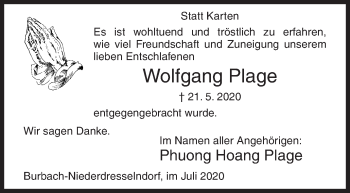Traueranzeige von Wolfgang Plage von Siegener Zeitung