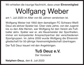 Traueranzeige von Wolfgang Weber von Siegener Zeitung