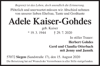 Traueranzeige von Adele Kaiser-Gohdes von Siegener Zeitung