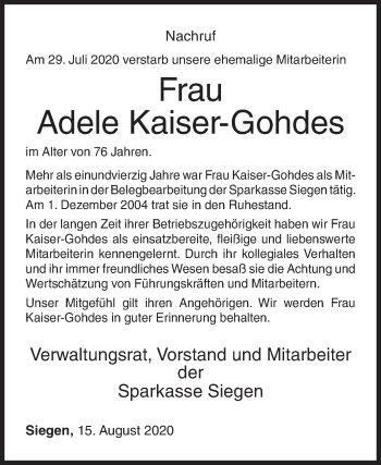 Traueranzeige von Adele Kaiser-Gohdes von Siegener Zeitung