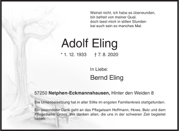 Traueranzeige von Adolf Eling von Siegener Zeitung