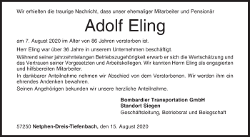 Traueranzeige von Adolf Eling von Siegener Zeitung