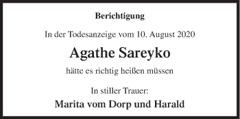Traueranzeige von Agathe Sareyko von Siegener Zeitung