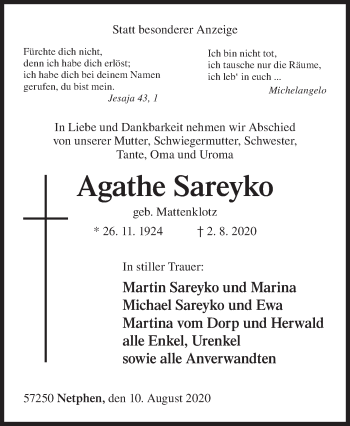 Traueranzeige von Agathe Sareyko von Siegener Zeitung