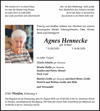 Traueranzeige von Agnes Hennecke von Siegener Zeitung