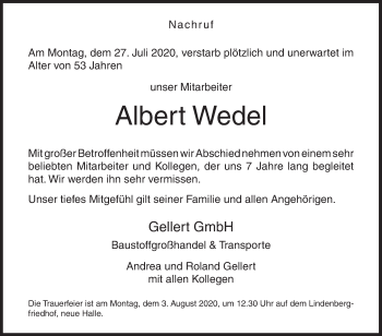 Traueranzeige von Albert Wedel von Siegener Zeitung