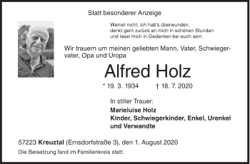 Traueranzeige von Alfred Holz von Siegener Zeitung