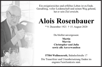 Traueranzeige von Alois Rosenbauer von Siegener Zeitung
