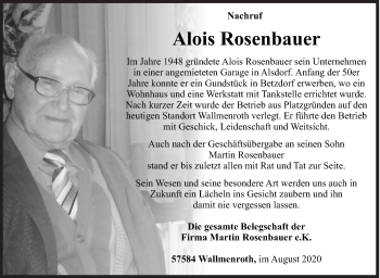 Traueranzeige von Alois Rosenbauer von Siegener Zeitung