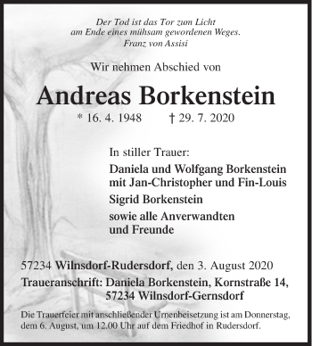 Traueranzeige von Andreas Borkenstein von Siegener Zeitung