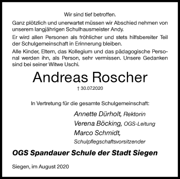 Traueranzeige von Andreas Roscher von Siegener Zeitung