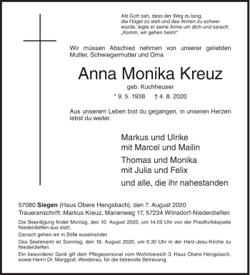 Traueranzeige von Anna Monika Kreuz von Siegener Zeitung
