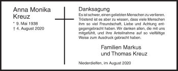 Traueranzeige von Anna Monika Kreuz von Siegener Zeitung