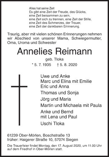 Traueranzeige von Annelies Reimann von Siegener Zeitung