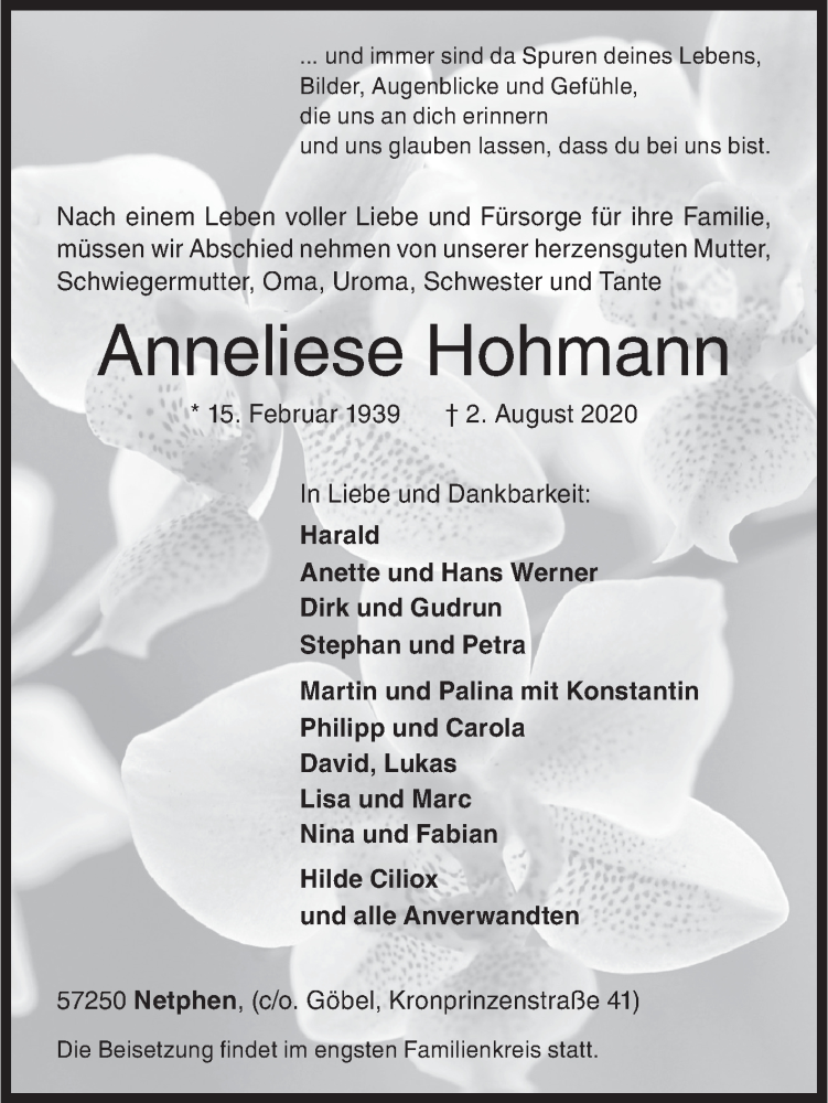  Traueranzeige für Anneliese Hohmann vom 04.08.2020 aus Siegener Zeitung