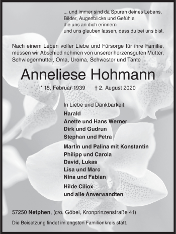 Traueranzeige von Anneliese Hohmann von Siegener Zeitung