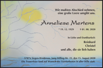 Traueranzeige von Anneliese Mertens von Siegener Zeitung