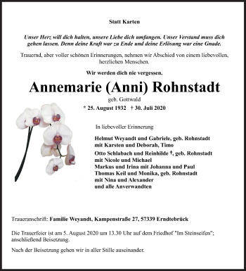 Traueranzeige von Annemarie Rohnstadt von Siegener Zeitung