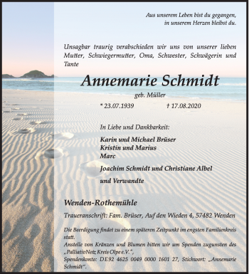 Traueranzeige von Annemarie Schmidt von Siegener Zeitung