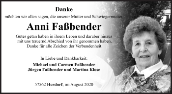 Traueranzeige von Anni Faßbender von Siegener Zeitung