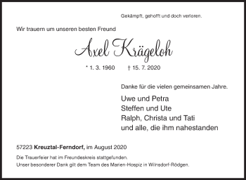 Traueranzeige von Axel Krägeloh von Siegener Zeitung