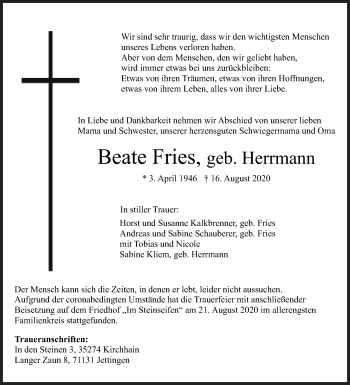 Traueranzeige von Beate Fries von Siegener Zeitung