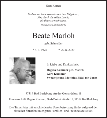 Traueranzeige von Beate Marloh von Siegener Zeitung