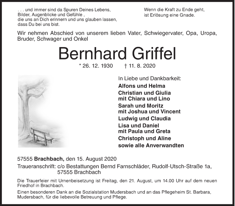  Traueranzeige für Bernhard Griffel vom 15.08.2020 aus Siegener Zeitung