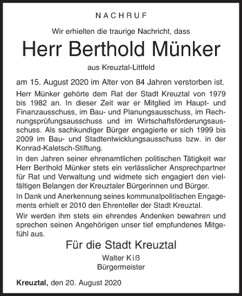 Traueranzeige von Berthold Münker von Siegener Zeitung
