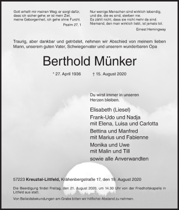 Traueranzeige von Berthold Münker von Siegener Zeitung