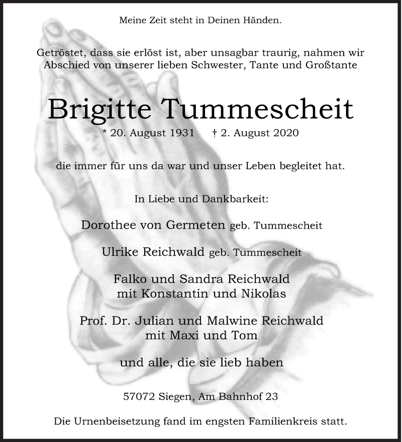  Traueranzeige für Brigitte Tummescheit vom 21.08.2020 aus Siegener Zeitung