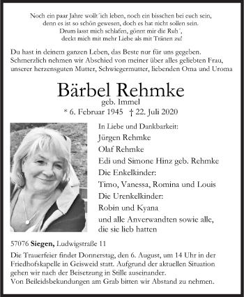Traueranzeige von Bärbel Rehmke von Siegener Zeitung