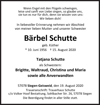 Traueranzeige von Bärbel Schutte von Siegener Zeitung