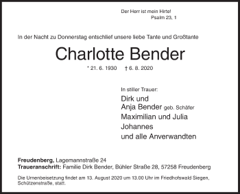 Traueranzeige von Charlotte Bender von Siegener Zeitung