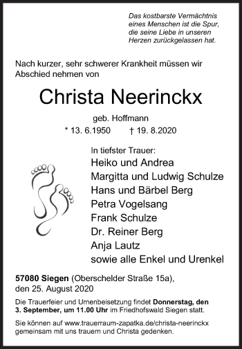 Traueranzeige von Christa Neerinckx von Siegener Zeitung