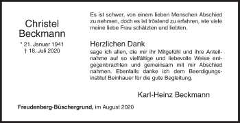 Traueranzeige von Christel Beckmann von Siegener Zeitung
