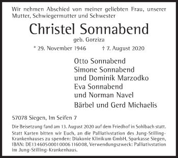 Traueranzeige von Christel Sonnabend von Siegener Zeitung