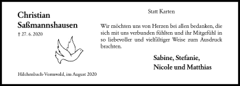Traueranzeige von Christian Saßmannshausen von Siegener Zeitung