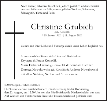 Traueranzeige von Christine Grubich von Siegener Zeitung