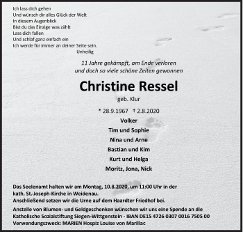 Traueranzeige von Christine Ressel von Siegener Zeitung