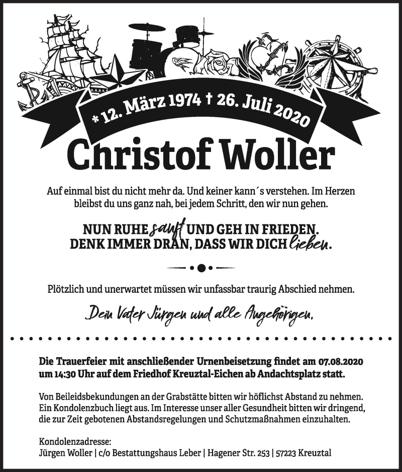 Traueranzeige für Christof Woller vom 01.08.2020 aus Siegener Zeitung