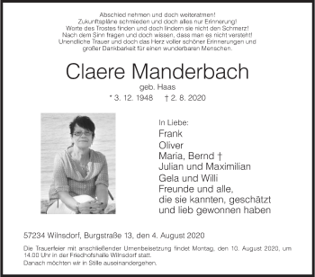 Traueranzeige von Claere Manderbach von Siegener Zeitung