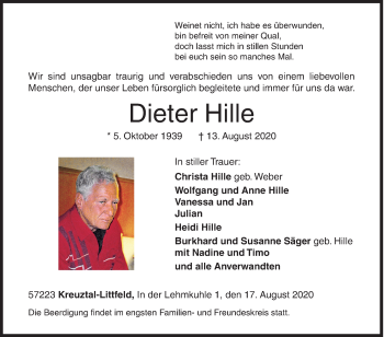 Traueranzeige von Dieter Hille von Siegener Zeitung