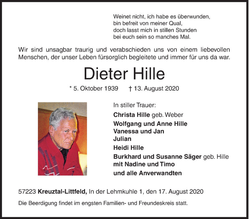  Traueranzeige für Dieter Hille vom 17.08.2020 aus Siegener Zeitung