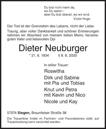 Traueranzeige von Dieter Neuburger von Siegener Zeitung