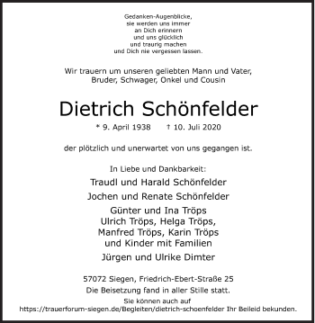 Traueranzeige von Dietrich Schönfelder von Siegener Zeitung